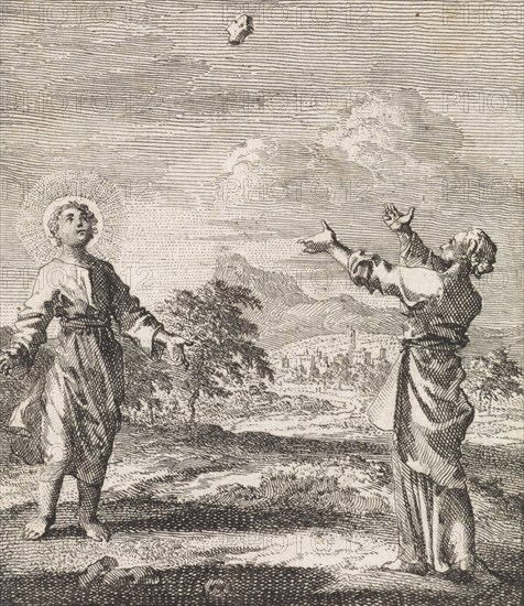 Christ and the personified soul behold a falling stone, Jan Luyken, 1714