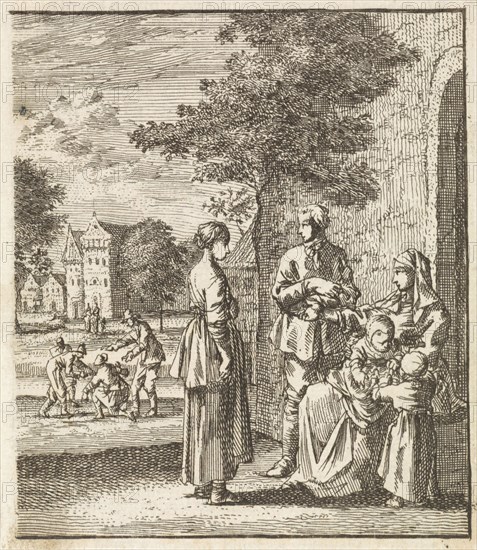Adult daughter visits her mother and sisters, Jan Luyken, wed. Pieter Arentsz II, Cornelis van der Sys, 1712