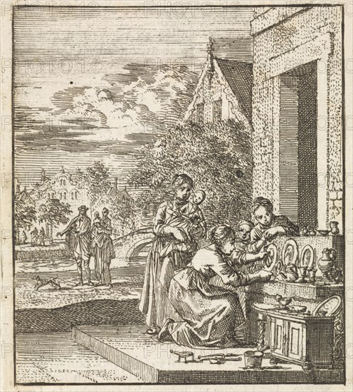 Girls exhibit dolls and tableware on the sidewalk, Jan Luyken, wed. Pieter Arentsz II, Cornelis van der Sys, 1712