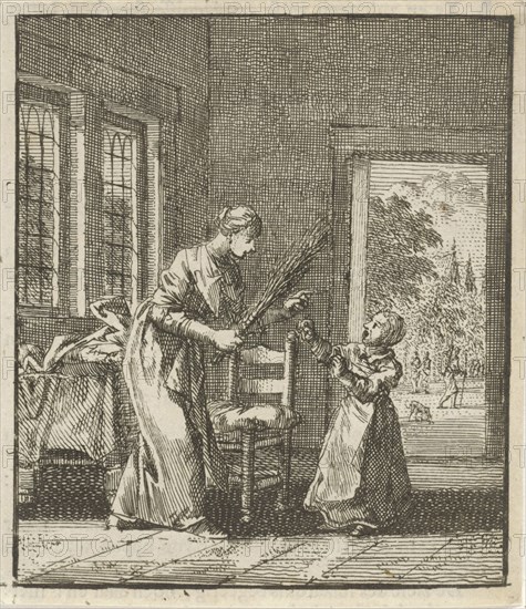 Mother threatens to punish her child with rod blows, Jan Luyken, wed. Pieter Arentsz (II), Cornelis van der Sys, 1712