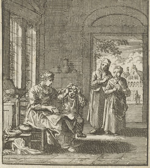 Mother combing the hair of her child, Jan Luyken, wed. Pieter Arentsz II, Cornelis van der Sys, 1712