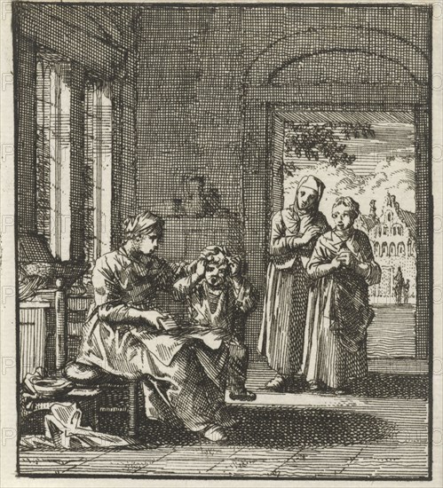 Mother combing the hair of her child, Jan Luyken, 1712