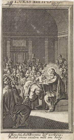 Christ puts his hand on a woman, Jan Luyken, Anonymous, 1712