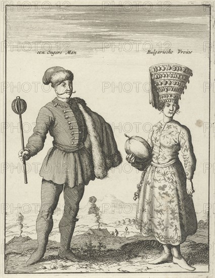 Hungarian man and Bulgarian woman in costume, Jan Luyken, 1682