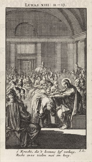 Christ puts his hand on a woman, Jan Luyken, wed. Pieter Arentsz & Cornelis van der Sys (II), 1712