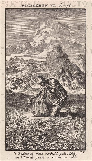 Gideon and the wet sheepskin, print maker: Jan Luyken, wed. Pieter Arentsz & Cornelis van der Sys II, 1712