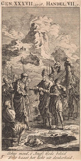 Joseph is sold by his brothers to merchants in the pit, Jan Luyken, 1712