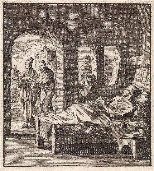 Sick man is lonely in bed while outside two men walking past, print maker: Jan Luyken, wed. Pieter Arentsz & Cornelis van der Sys II, 1711