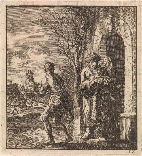 Man with fur coat and fur hat looking at almost naked man, Jan Luyken, wed. Pieter Arentsz & Cornelis van der Sys II, 1711