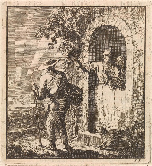Men in a doorway gesturing a weary traveler to continue, Jan Luyken, wed. Pieter Arentsz & Cornelis van der Sys (II), 1711