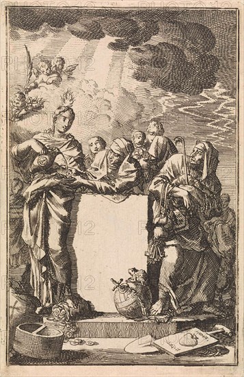 Title page of Adrian Spinniker 'De Werken en Vergelding Der Barmhertigheid En Ombarmhertigheid' 1711, Jan Luyken, wed. Pieter Arentsz & Cornelis van der Sys (II), 1711