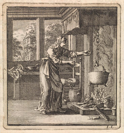 Woman reaches for the chain from a pot that hangs high above the fire, Jan Luyken, wed. Pieter Arentsz & Cornelis van der Sys (II), 1711