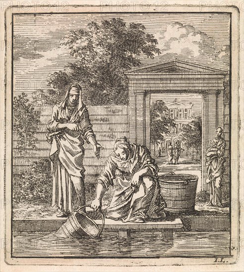 A woman fills a bucket of water on a jetty, Jan Luyken, wed. Pieter Arentsz, Cornelis van der Sys II, 1711