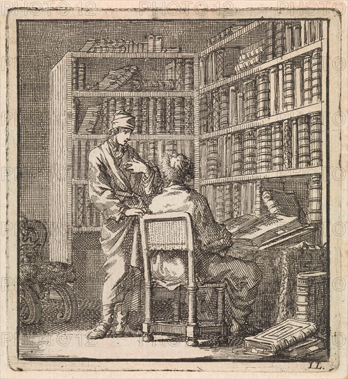 Two men in a bookcase, print maker: Jan Luyken, wed. Pieter Arentsz & Cornelis van der Sys II, 1711