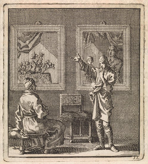 Young man talks about the paintings hanging behind him, print maker: Jan Luyken, wed. Pieter Arentsz & Cornelis van der Sys II, 1711