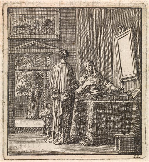In addition to a mirror where a woman looks at another woman reading the Bible, Jan Luyken, wed. Pieter Arentsz & Cornelis van der Sys (II), 1711
