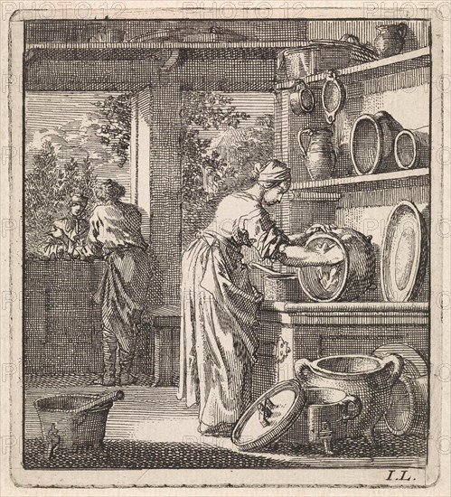 Woman cleans a pot, Jan Luyken, wed. Pieter Arentsz & Cornelis van der Sys (II), 1711