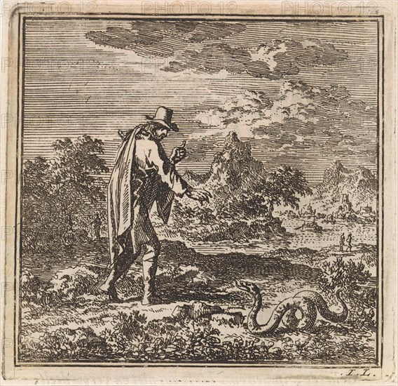 Landscape with a man who wards off a snake, Jan Luyken, wed. Arentsz Pieter Cornelis van der Sys II, 1711