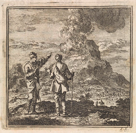 Two hikers looking at the smoking Etna, Italy, Jan Luyken, wed. Pieter Arentsz & Cornelis van der Sys (II), 1711