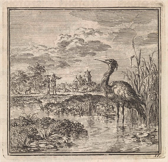 Heron in a pond, Jan Luyken, wed. Pieter Arentsz & Cornelis van der Sys (II), 1711