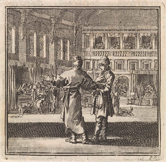 Two men talking in a hospital ward, Jan Luyken, wed. Pieter Arentsz & Cornelis van der Sys (II), 1711