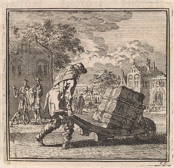 Man carrying a heavy package on a wheelbarrow, Jan Luyken, wed. Arentsz Pieter Cornelis van der Sys II, 1711