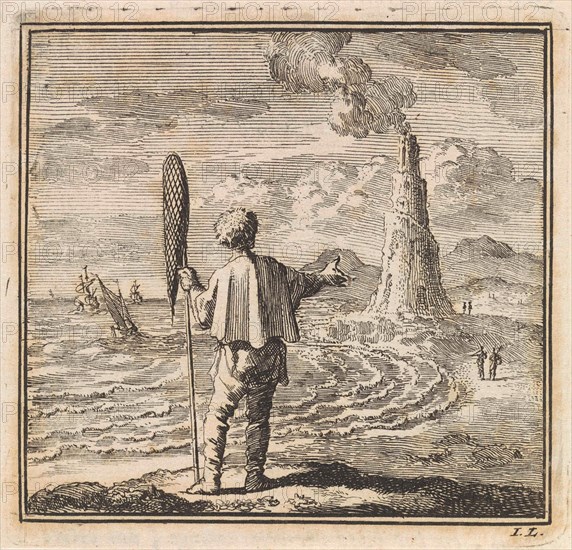 Beach scene with a man who points to a smoking lighthouse, print maker: Jan Luyken, wed. Pieter Arentsz & Cornelis van der Sys II, 1711