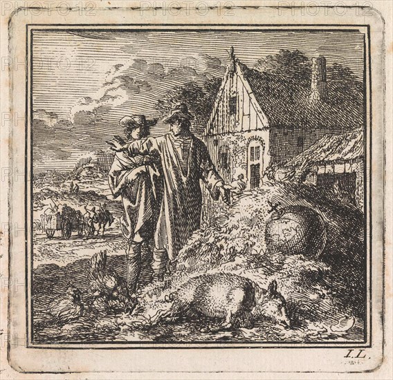 Two men near a dunghill, Jan Luyken, wed. Pieter Arentsz & Cornelis van der Sys (II), 1710