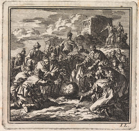 People of all sorts reaching for a globe, Jan Luyken, wed. Pieter Arentsz & Cornelis van der Sys (II), 1710