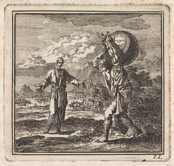 Man carries the world on his back, Jan Luyken, wed. Pieter Arentsz & Cornelis van der Sys (II), 1710