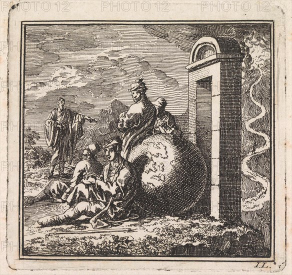 Before a narrow gate a few men rest near a globe, Jan Luyken, wed. Pieter Arentsz, Cornelis van der Sys II, 1710