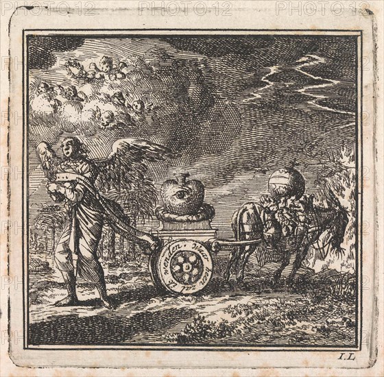 Heart on a chariot pulled in opposite directions by an angel and a donkey, Jan Luyken, wed. Pieter Arentsz & Cornelis van der Sys (II), 1710