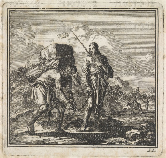 Stooping and chained man is led by the soul, print maker: Jan Luyken, wed. Pieter Arentsz & Cornelis van der Sys II, 1710
