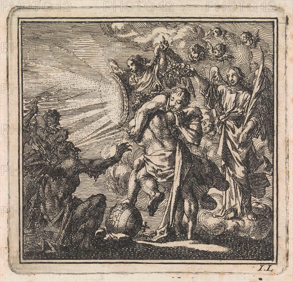 Wrestling Party between personifications of Equanimity and self-will, print maker: Jan Luyken, wed. Pieter Arentsz & Cornelis van der Sys II, 1710