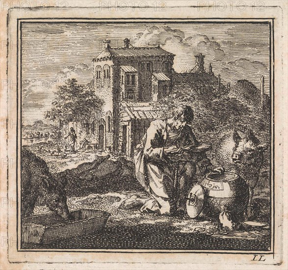 Poor man kneels between pigs and takes food from a vessel in the shape of the world, Jan Luyken, wed. Pieter Arentsz, Cornelis van der Sys II, 1710