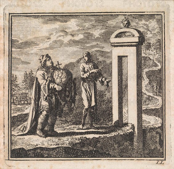 To pass through the narrow gate that leads to the narrow road, the man carrying the globe is too wide, Jan Luyken, wed. Pieter Arentsz & Cornelis van der Sys (II), 1710