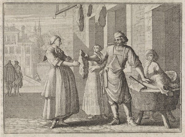 Pregnant woman receives a piece of beef, Caspar Luyken, Christoph Weigel, Frantz Martin Hertzen, 1710