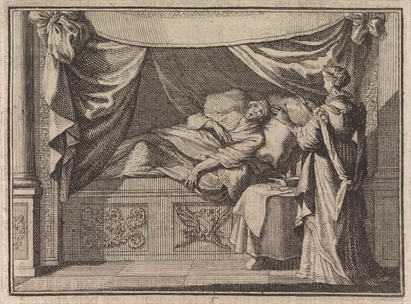 Man with delusions on his deathbed, Caspar Luyken, Christoph Weigel, Frantz Martin Hertzen, 1710