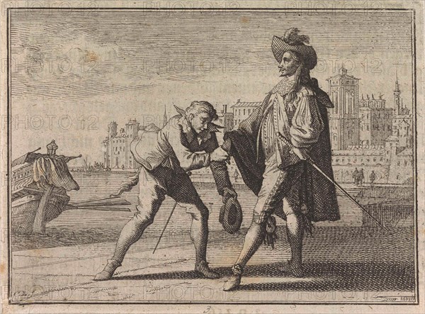 Man kisses the hand of a nobleman on a quay, Caspar Luyken, Christoph Weigel, Frantz Martin Hertzen, 1710