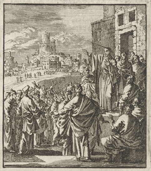 Peter preaches on doorstep of a home, Jan Luyken, Jan Rieuwertsz. II, Barent Visscher, 1706