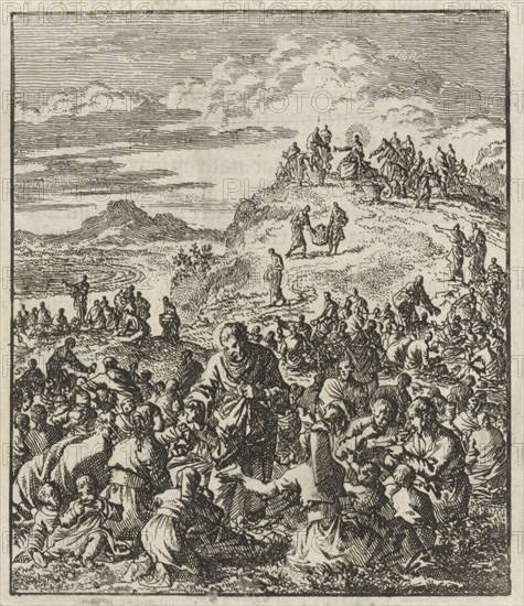 Apostles give bread to the crowd, Christ on a mountain top, Jan Luyken, Jan Rieuwertsz. II, Barent Visscher, 1706