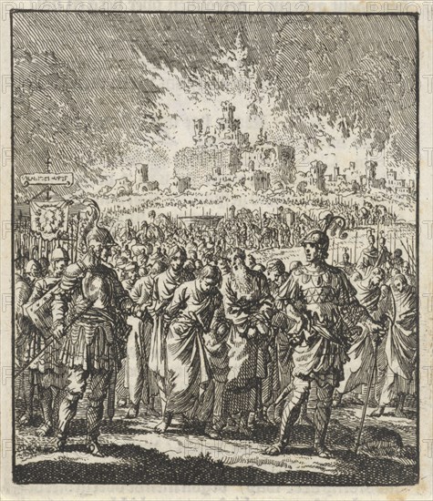 Israelites leave Jerusalem, which is burning, print maker: Jan Luyken, Jan Rieuwertsz. II, Barent Visscher, 1706