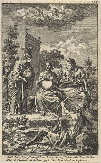 Woman holding a heart in her hands, sitting between the World and Lust, Jan Luyken, Jacob van Royen, 1706