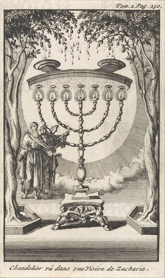 Zechariah sees the menorah, Jan Luyken, Pieter Mortier, 1705