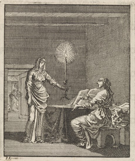 Woman reading in a dark room with a candle, Jan Luyken, wed. Pieter Arentsz II, Cornelis van der Sys, 1704