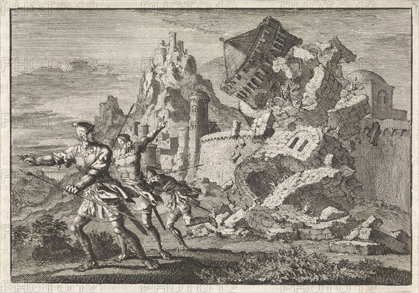 Roman soldiers make a tower on the wall of Gamala collapse by undermining it, Jan Luyken, Pieter Mortier, 1704