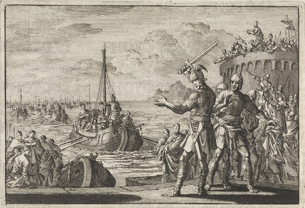 Josephus orders Klitus to cut off his left hand, print maker: Jan Luyken, Pieter Mortier, 1704