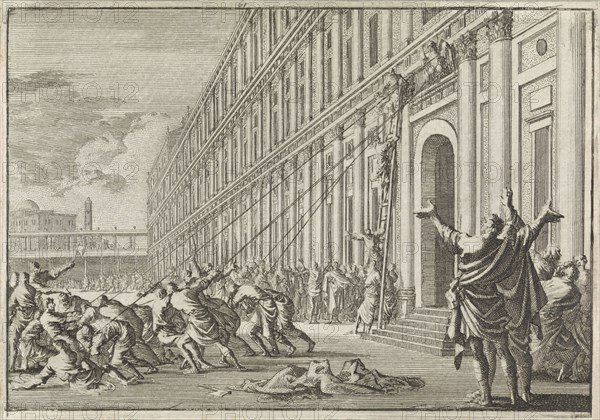 The golden eagle of Herod is torn off the temple by people with ropes, print maker: Jan Luyken, Pieter Mortier, 1704