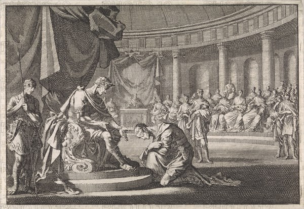 Archelaus, son of Herod, kneels before Caesar Augustus in Rome, Jan Luyken, Pieter Mortier, 1704