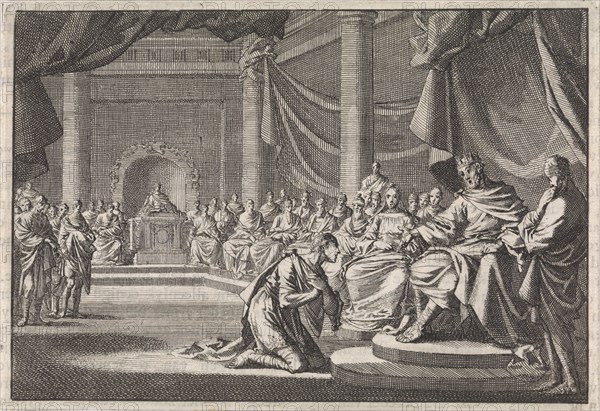 During a meeting Antipater kneels before his father Herod, Jan Luyken, Pieter Mortier, 1704